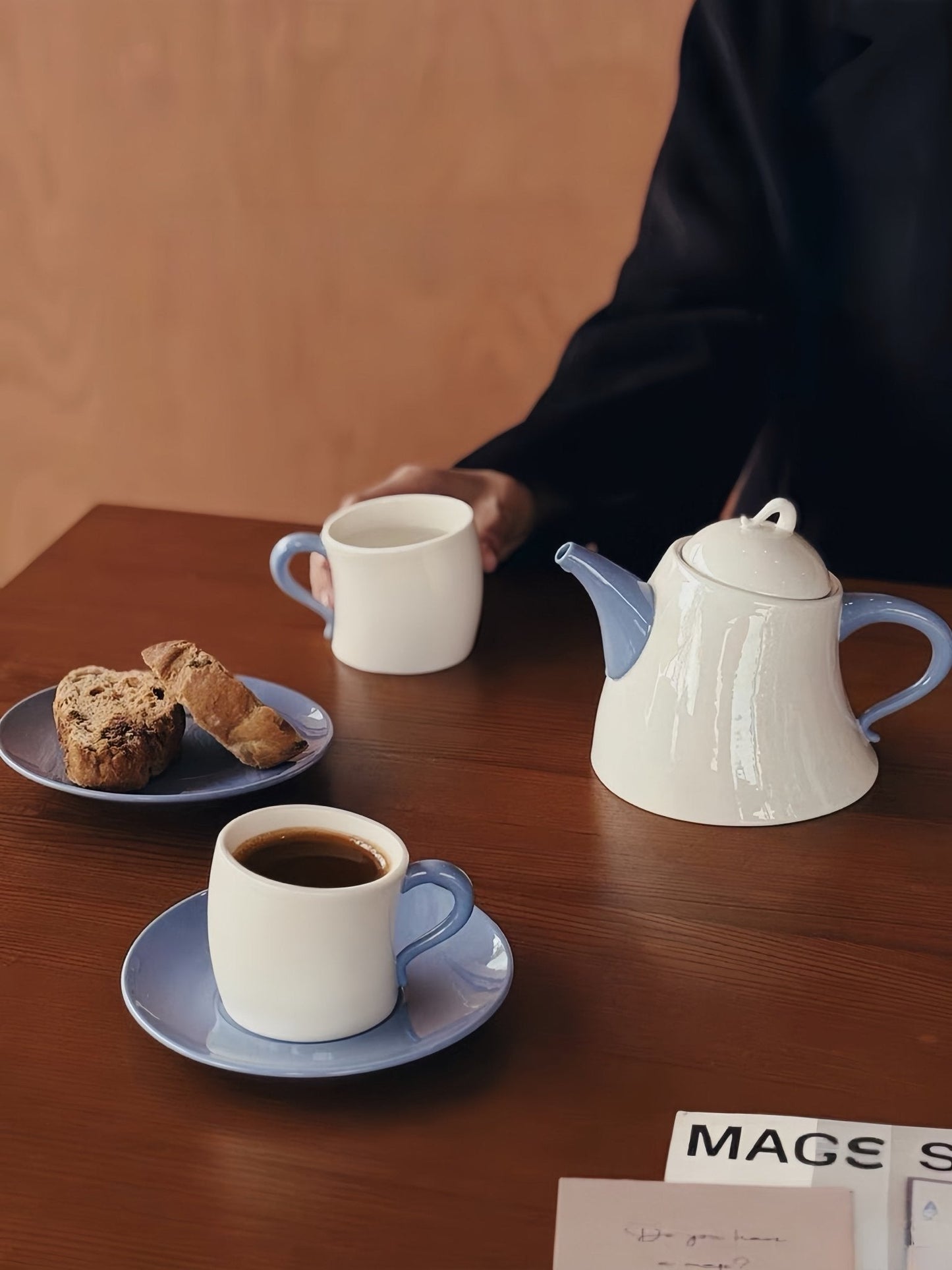 Postmodern Whimsical Wiggle Handle Ceramic Tea Set with Teapot and Mugs