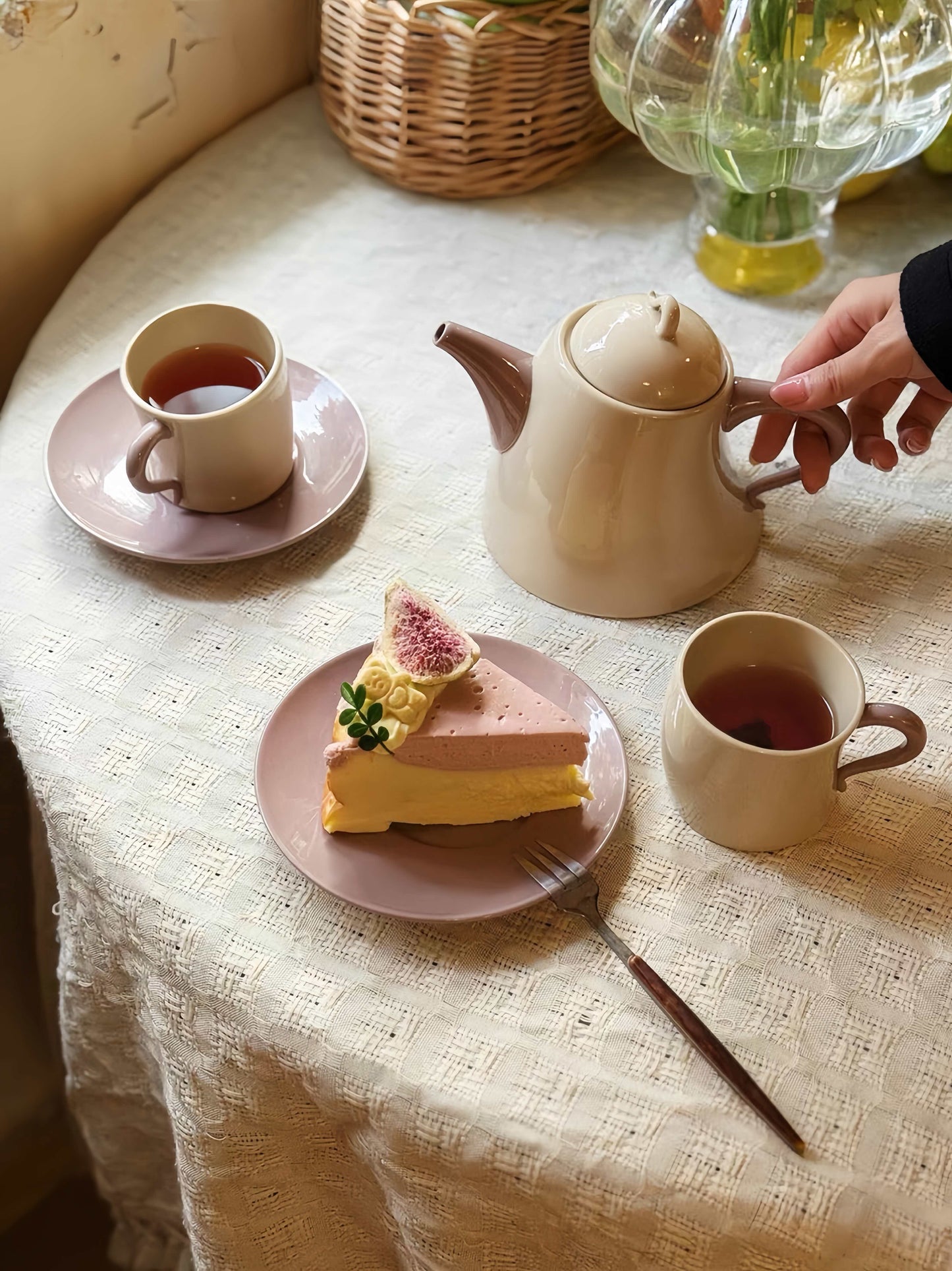 Postmodern Whimsical Wiggle Handle Ceramic Tea Set with Teapot and Mugs