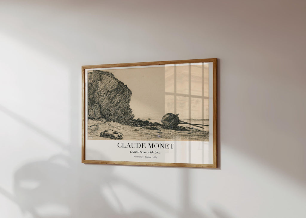 Claude Monet Zeichnung · Strand mit Boot ca. 1865 · Küstenstudie in Kohle · Vintage Kunstposter · Normandie Skizze · Druck ohne Rahmen