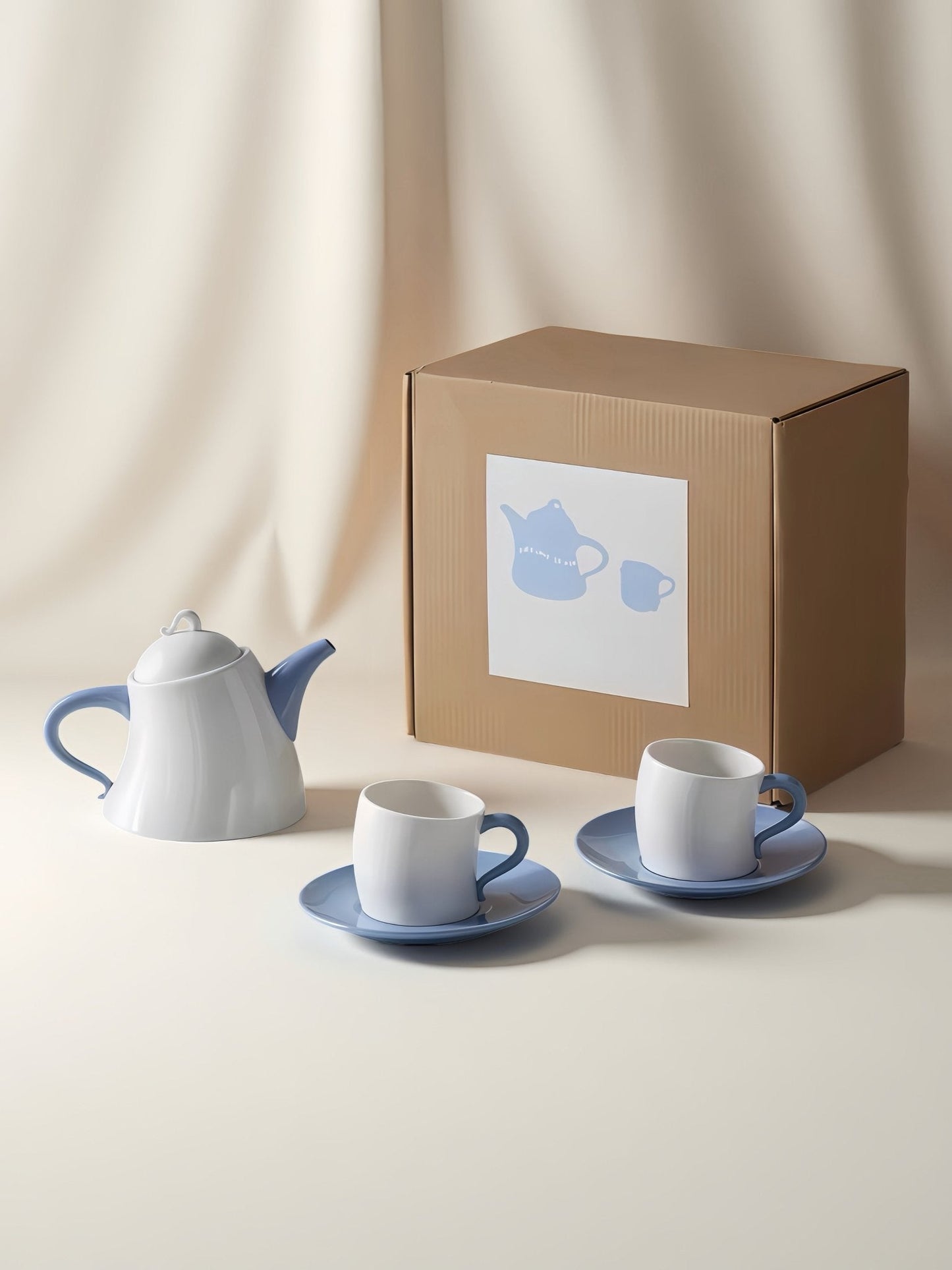 Postmodern Whimsical Wiggle Handle Ceramic Tea Set with Teapot and Mugs