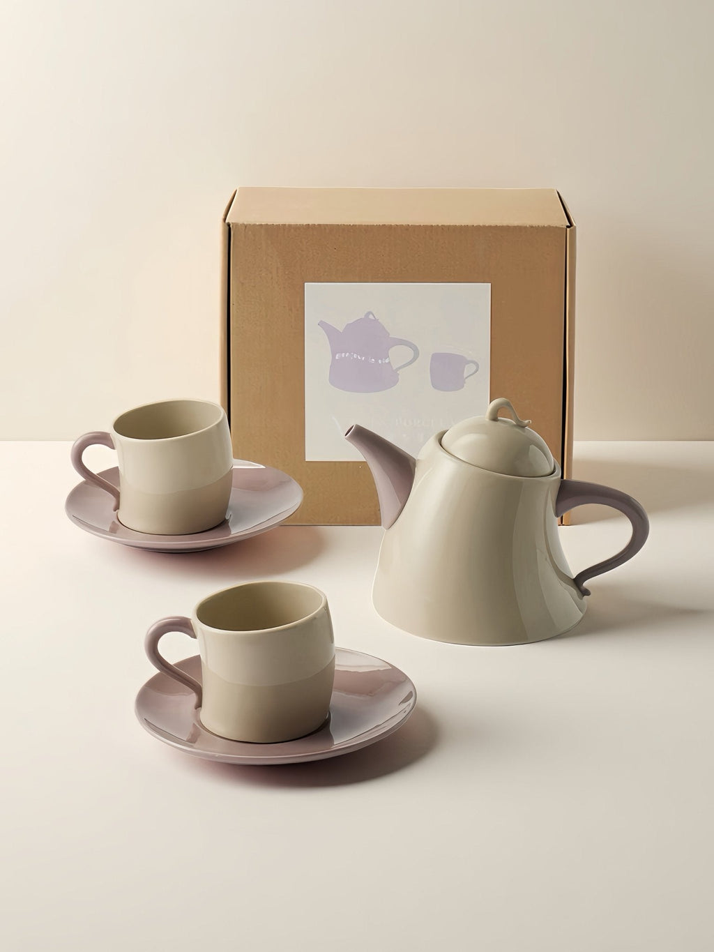 Postmodern Whimsical Wiggle Handle Ceramic Tea Set with Teapot and Mugs