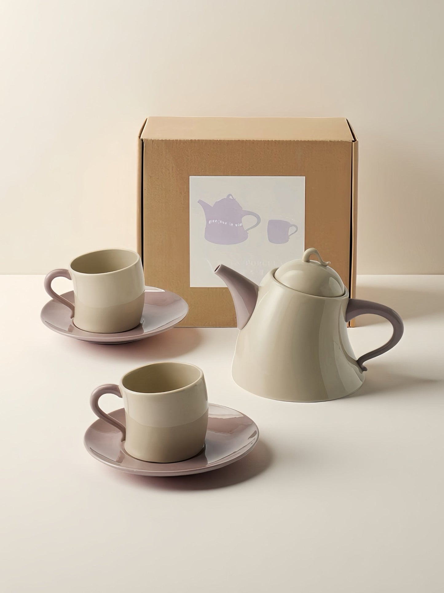 Postmodern Whimsical Wiggle Handle Ceramic Tea Set with Teapot and Mugs