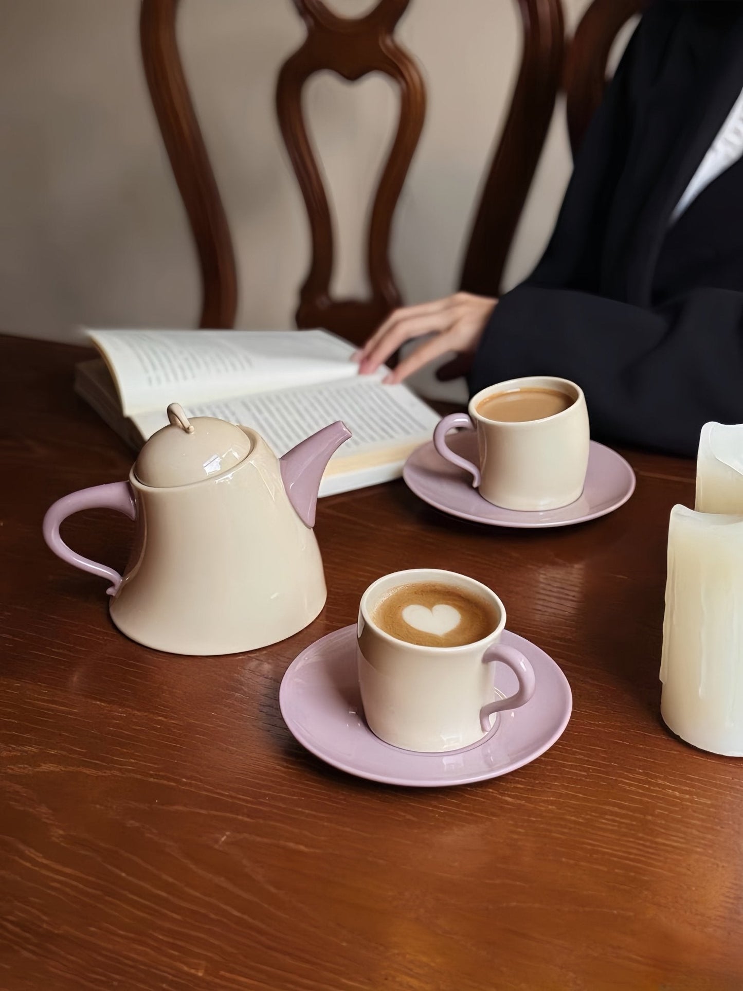 Postmodern Whimsical Wiggle Handle Ceramic Tea Set with Teapot and Mugs