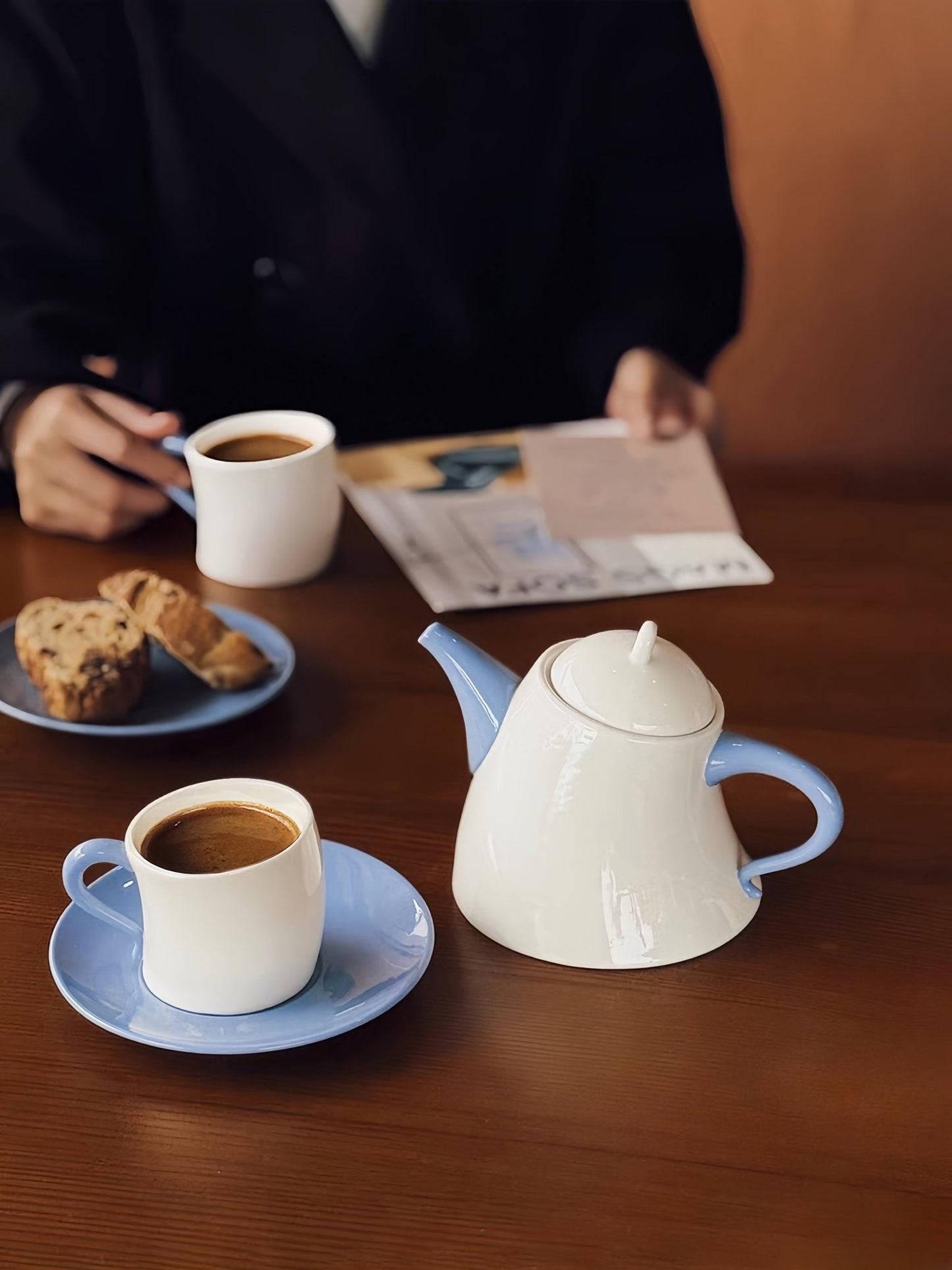 Postmodern Whimsical Wiggle Handle Ceramic Tea Set with Teapot and Mugs