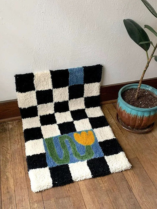 Soft Contemporary Floral Checker Bath Rug, Absorbent, Anti-slippery Mat